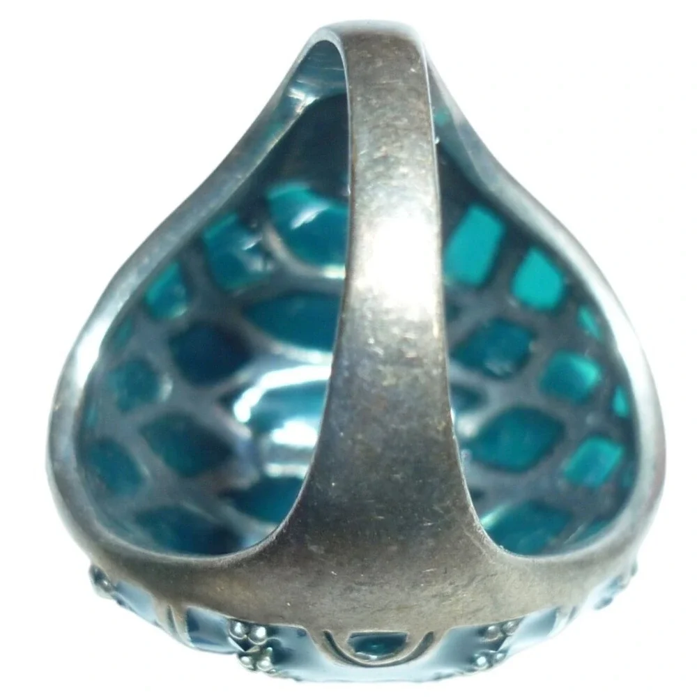 Art Deco Style Teal Blue Marcasite‎ Lattice Cocktail Ring Silver Tone Size 8.5